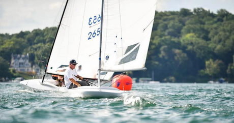 Allan Terhune rounding the windward mark on an MC Scow